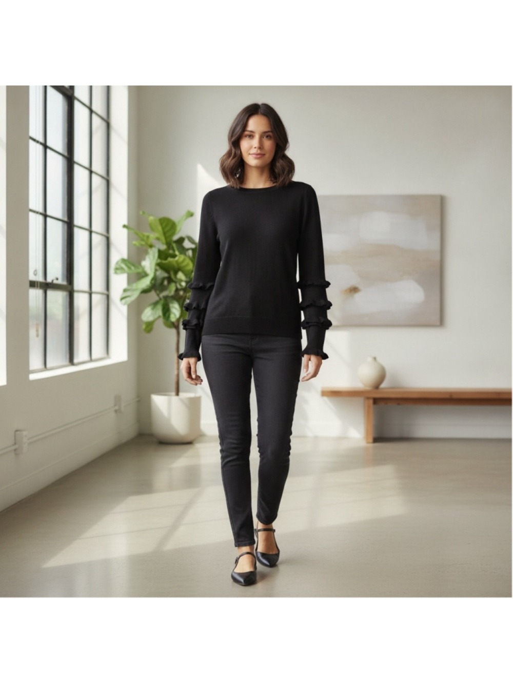 NY Collection Black Ruffle Sleeve Crew Neck Sweater Women's Size M NWT